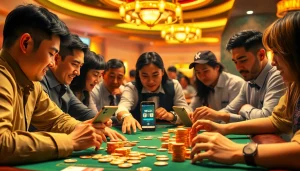 Exciting gaming experience at 98win casino with players engaged in poker and betting.