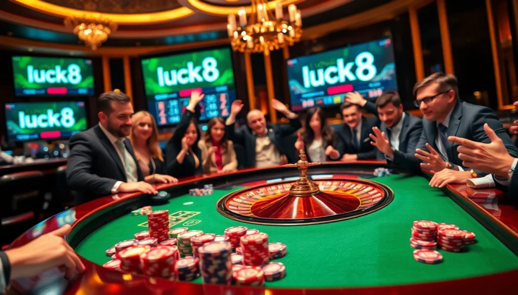 Players enjoying a thrilling roulette game at a luxurious casino, embodying luck8 excitement.