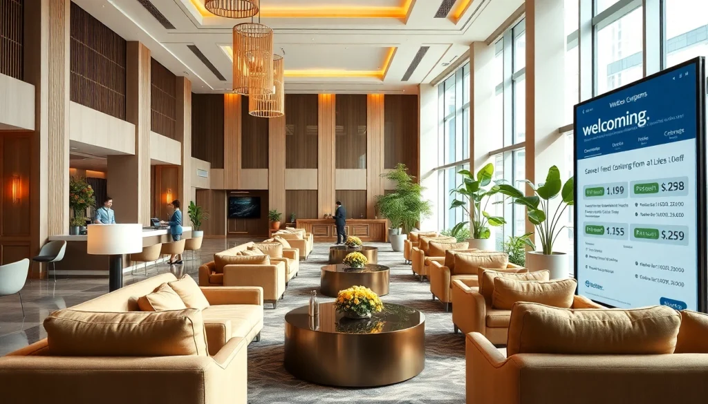 Compare Rates for Hotels in a welcoming hotel lobby with bright lighting and modern decor.