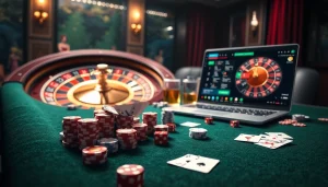 Visualize thrilling online gambling at 98win3h.blog with vibrant poker chips and cards on an elegant table.