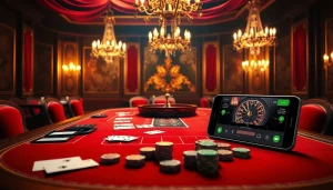 Experience the excitement of tg88 at a luxurious casino table featuring cards, chips, and roulette.