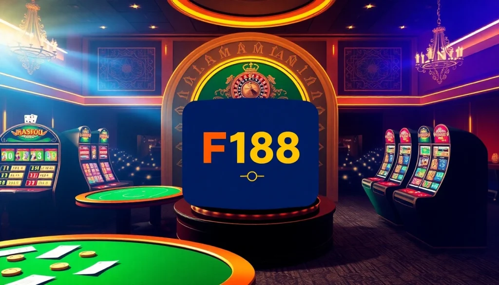 Players enjoying the exciting atmosphere of F168 online casino with vibrant slot machines and poker tables.