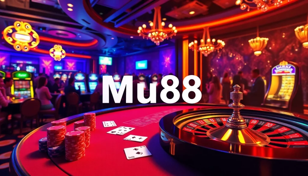 Experience the thrill of Mu88 casino gaming with elegant poker chips and a vibrant roulette wheel.