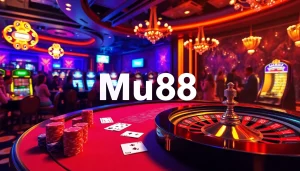 Experience the thrill of Mu88 casino gaming with elegant poker chips and a vibrant roulette wheel.
