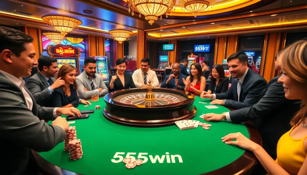 Players enjoying casino games at 555win with chips and a roulette table in a vibrant setting.