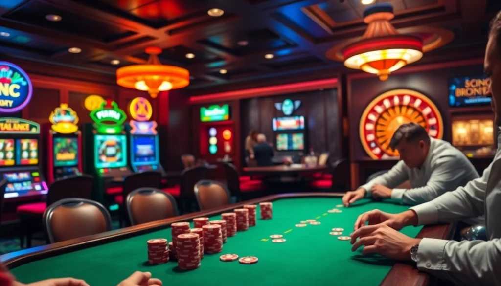 A high-stakes poker game at an elegant casino table, exemplifying excitement around XSMB247.