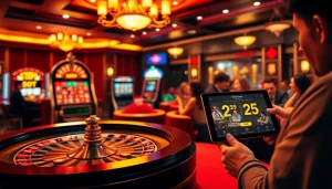 Exciting casino atmosphere showcasing online gambling at http://228kbet.net/ with roulette and slot machines.