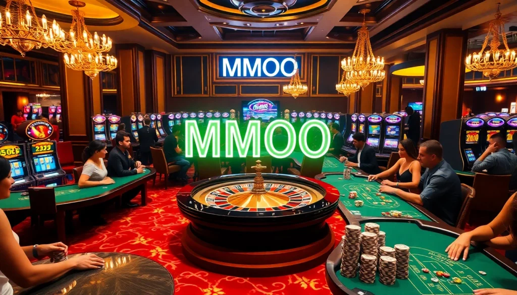 MMOO-themed casino scene with roulette wheel, poker tables, and vibrant decor.