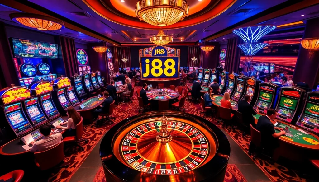 Experience thrilling j88 gameplay surrounded by glamorous casino tables and enthusiastic players.