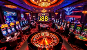 Experience thrilling j88 gameplay surrounded by glamorous casino tables and enthusiastic players.