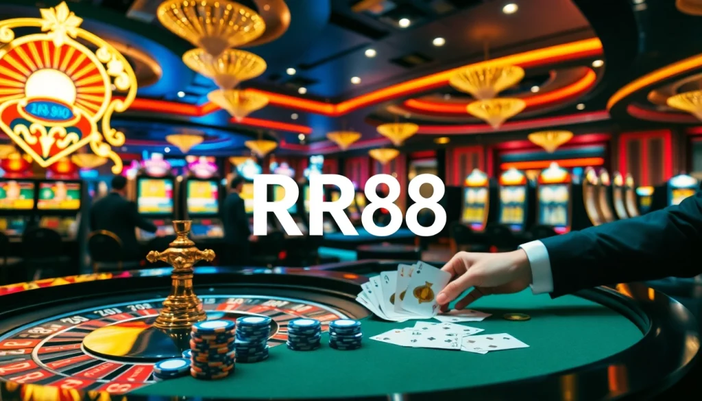 Experience thrilling gameplay at RR88 casino with vibrant slot machines and roulette tables.