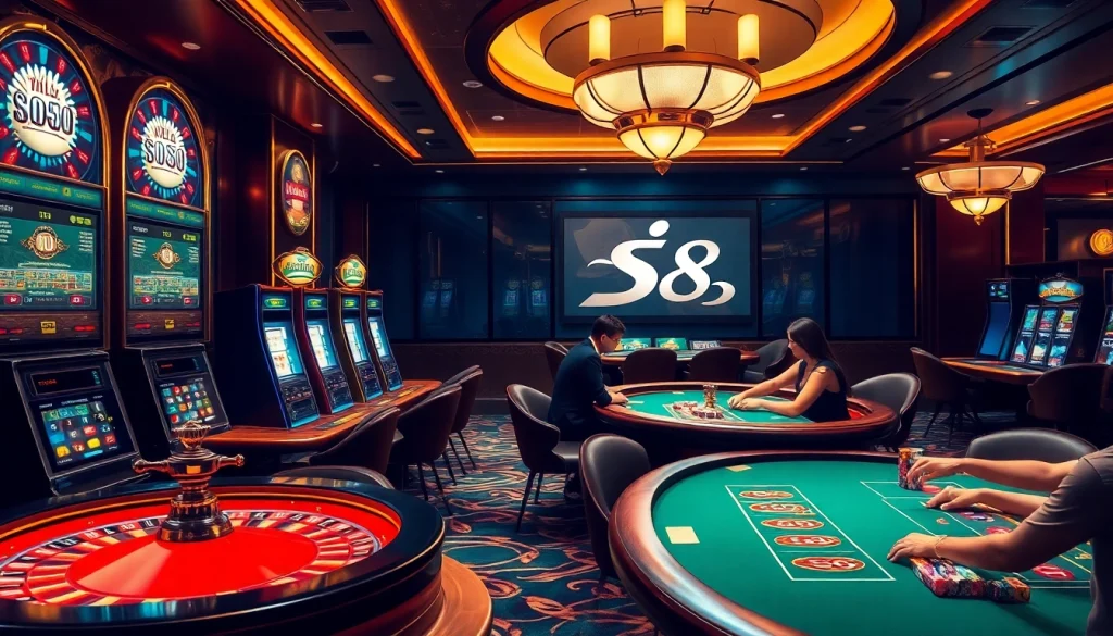 Engaging scene illustrating Nhà Cái S8's vibrant online casino atmosphere with luxurious slot machines and poker tables.