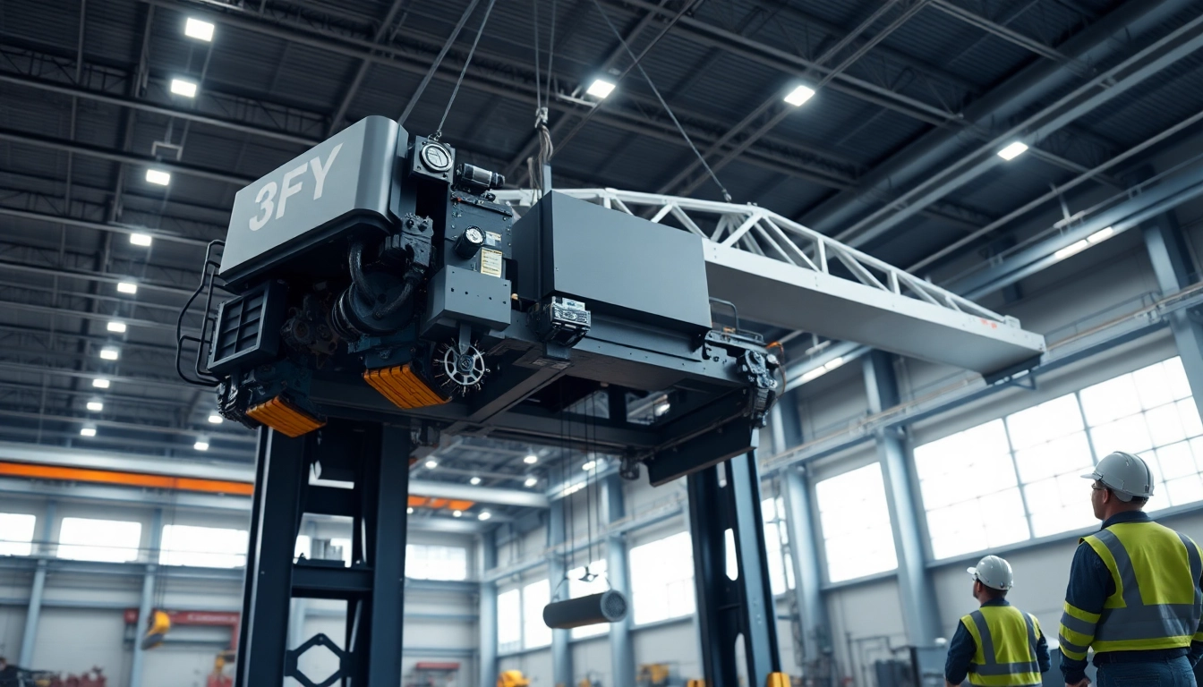 Bridge crane lifting heavy load in a spacious factory, showcasing efficiency and reliability.