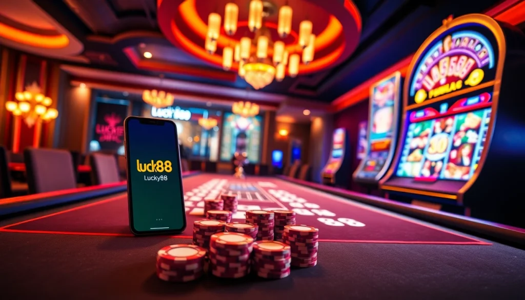 Engage in thrilling gaming at lucky88 with vibrant casino visuals showcasing poker, roulette, and online gameplay.