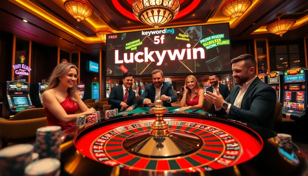 Engage in thrilling gameplay at Luckywin with a vibrant casino scene featuring roulette and poker chips.