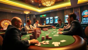 Intense poker action at a luxurious casino table, showcasing ww88 stakes and chips.