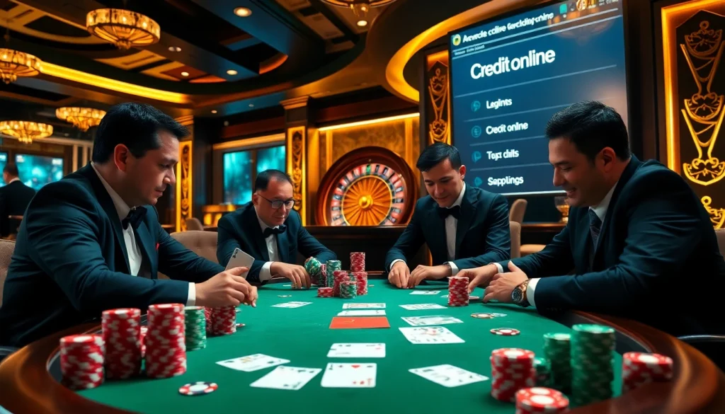 Engaging casino players strategizing with Credit online options at a luxurious poker table.