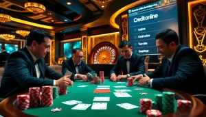 Engaging casino players strategizing with Credit online options at a luxurious poker table.