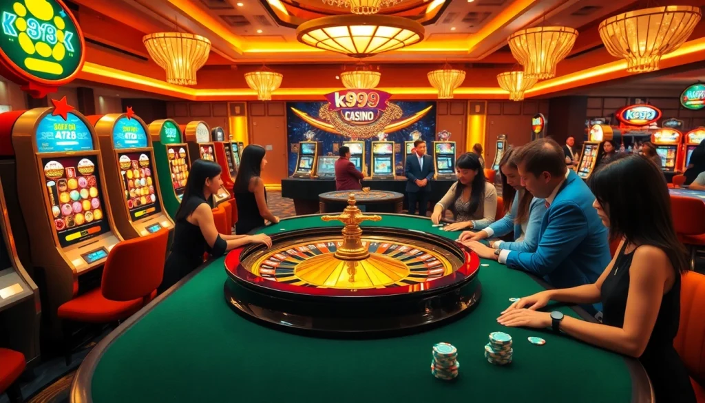 Exciting scene at the k9k9 casino featuring players at a poker table and vibrant slot machines.