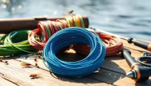 Vibrant fly fishing line showcased with tools on a wooden table against a blurred water background.