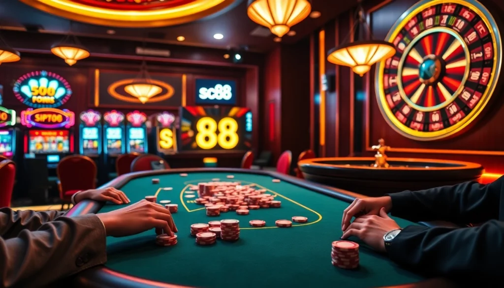 Experience the thrill at the high-stakes poker table with sc88 and vibrant casino elements.