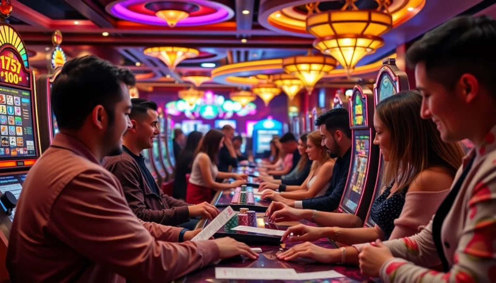 Players enjoying slot depo 5k games in a luxurious casino setting with vibrant machines and chips.