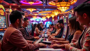 Players enjoying slot depo 5k games in a luxurious casino setting with vibrant machines and chips.