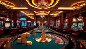 W88 casino experience featuring vibrant tables, spinning roulette, and dynamic slot machines.