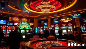 An exciting casino scene with gamblers at roulette and slot machines, showcasing 89bet.com in a luxurious setting.