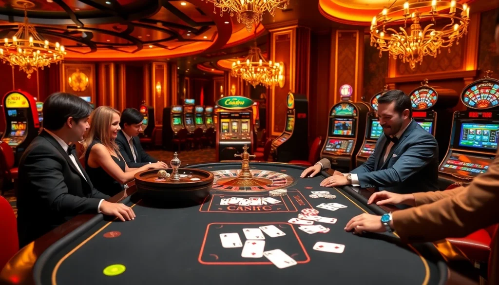 Players enjoying a thrilling poker game at the 222BD casino, showcasing chips and cards.