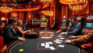 Players enjoying a thrilling poker game at the 222BD casino, showcasing chips and cards.