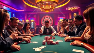 Experience the thrill of 98win with confident players at a luxurious poker table surrounded by casino excitement.