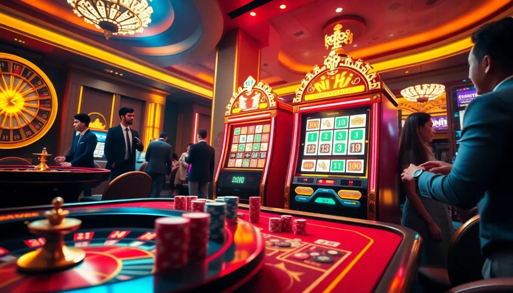 Excited players engaging with the nổ hũ slot machine in a vibrant casino environment.