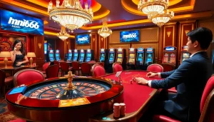 Exciting gaming at trang chủ mn66 with roulette and poker tables, showcasing luxury.