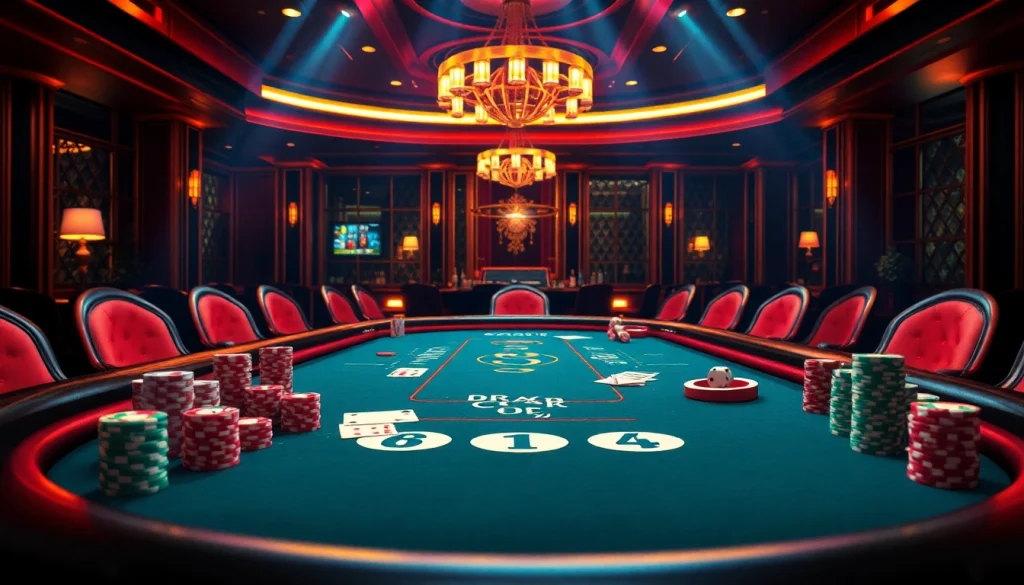 Players strategizing in a vibrant GO8 poker game at a luxurious casino.