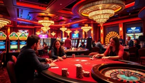Players engaging in high-stakes poker and vibrant slot machines at https://tr88vip.co.com/ casino scene.