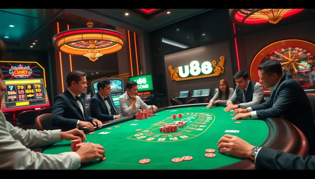 Excited players engaging in poker at a luxurious uu88 casino table, with vibrant chips and cards.