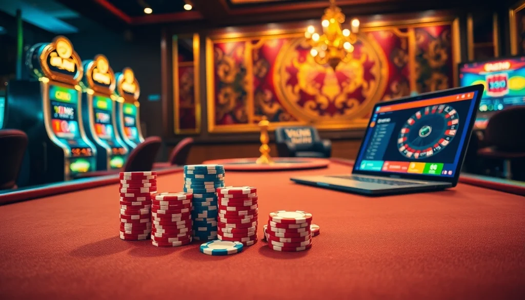 Engaging scene of vua99 caisno showing a luxury casino table with cards and chips, illustrating excitement in gambling.