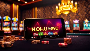 NOHU90 players engaging with lively slot games and casino tables in a luxurious setting.