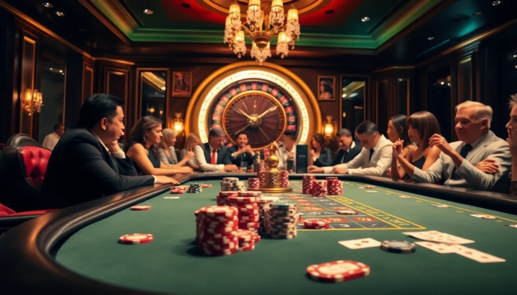 Players engage in an exciting game of poker at a luxurious casino table featuring kjc-branded chips and cards.