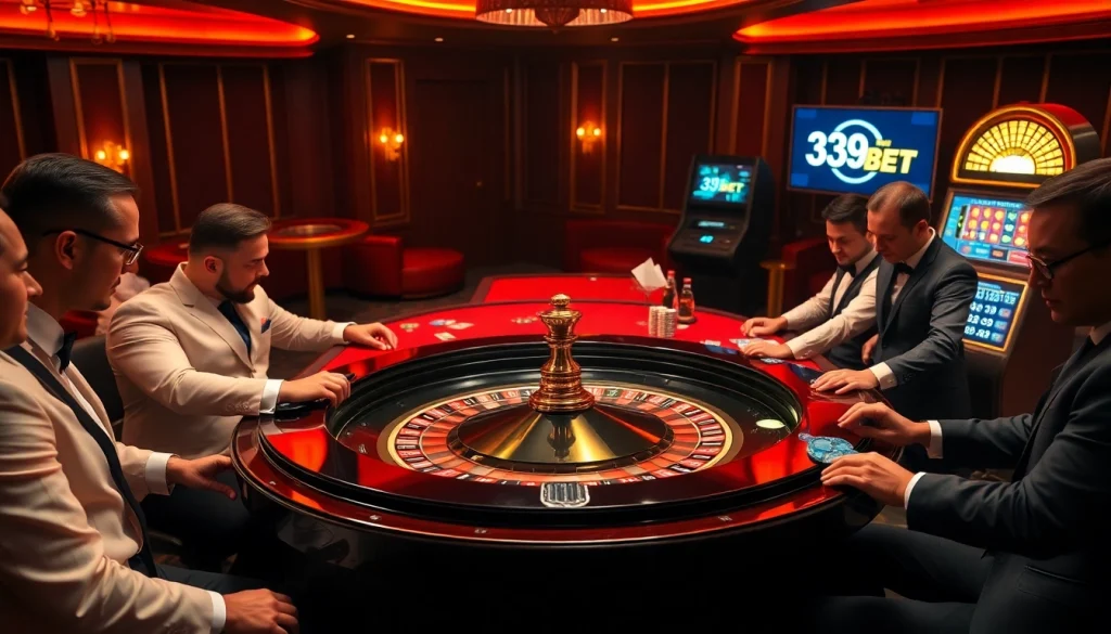 Players engaging in roulette at 39BET's luxurious casino table with vibrant atmosphere.