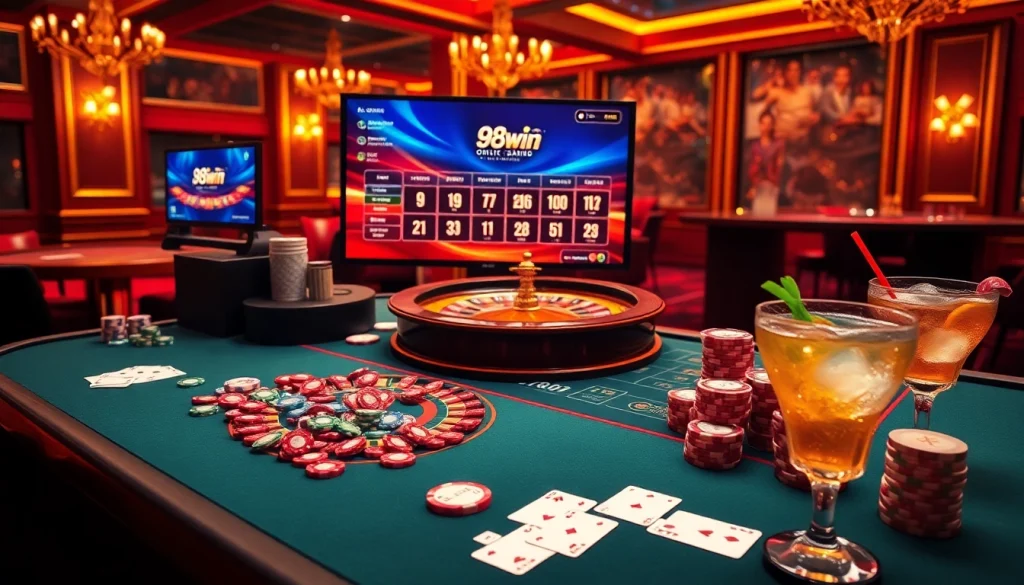 Experience the thrill of 98win online gambling with vibrant casino visuals.