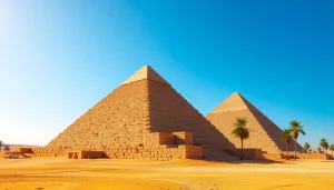 Pyraminds rising majestically in Giza, showcasing their grandeur against a clear sky.