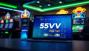 Dynamic 55VV online betting interface with vibrant colors and modern devices for engaging experience.