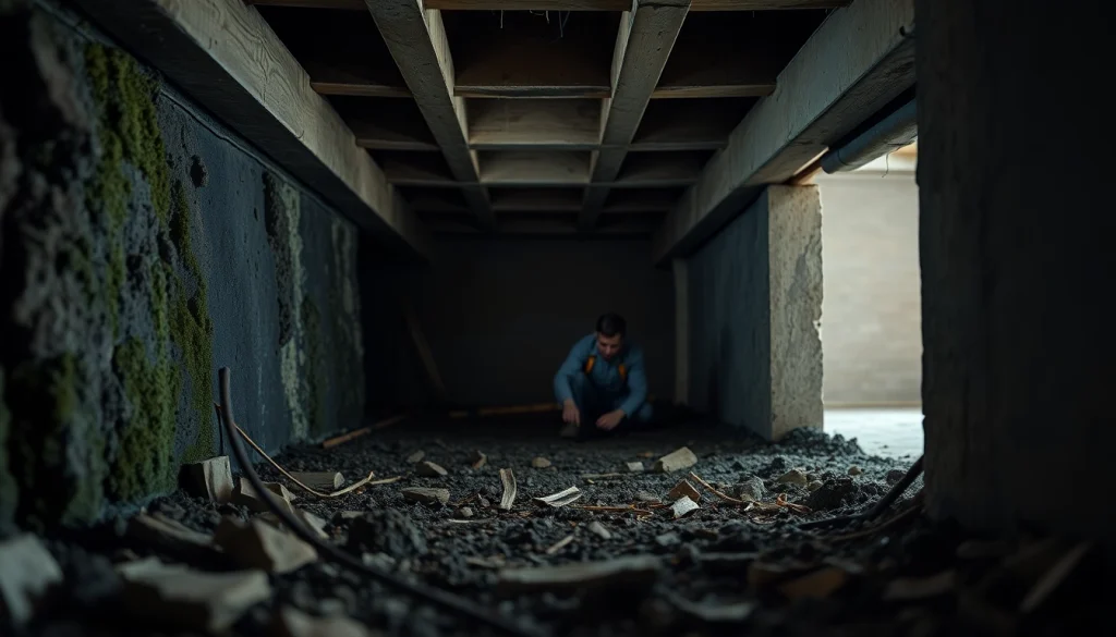 Crawl Space Restoration showing a technician inspecting moldy beams and debris in a dark crawl space.