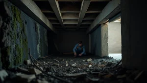 Crawl Space Restoration showing a technician inspecting moldy beams and debris in a dark crawl space.