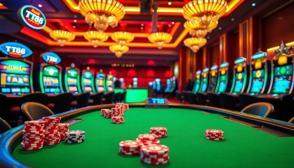 Players enjoying TT88 gaming setup with vibrant casino atmosphere and poker chips.