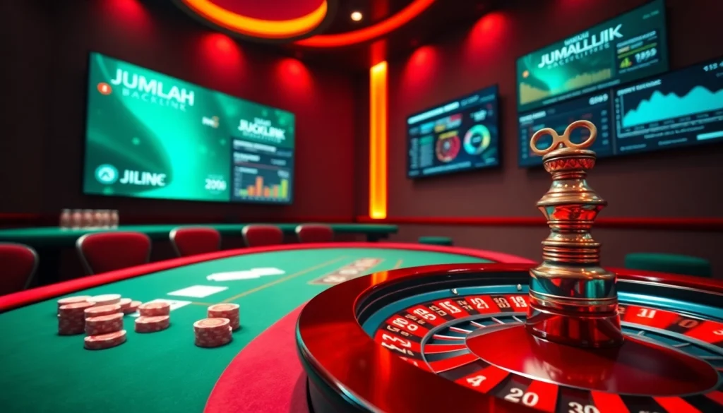 Engaging casino scene on JUMLAH BACKLINK strategies with poker table and roulette.