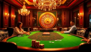 Experience the thrill of high-stakes poker at nohuvina.com with an elegant casino scene and vibrant atmosphere.