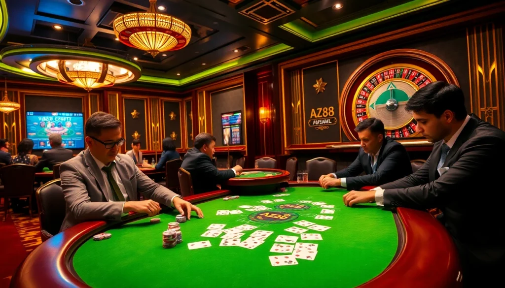 Experience high-stakes gaming at the luxurious AZ88-themed poker table with vibrant atmosphere.